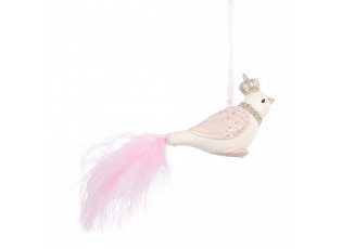 Bílo-růžová závěsná dekorace ptáček s peříčkovým ocáskem - 8*5*5 cm