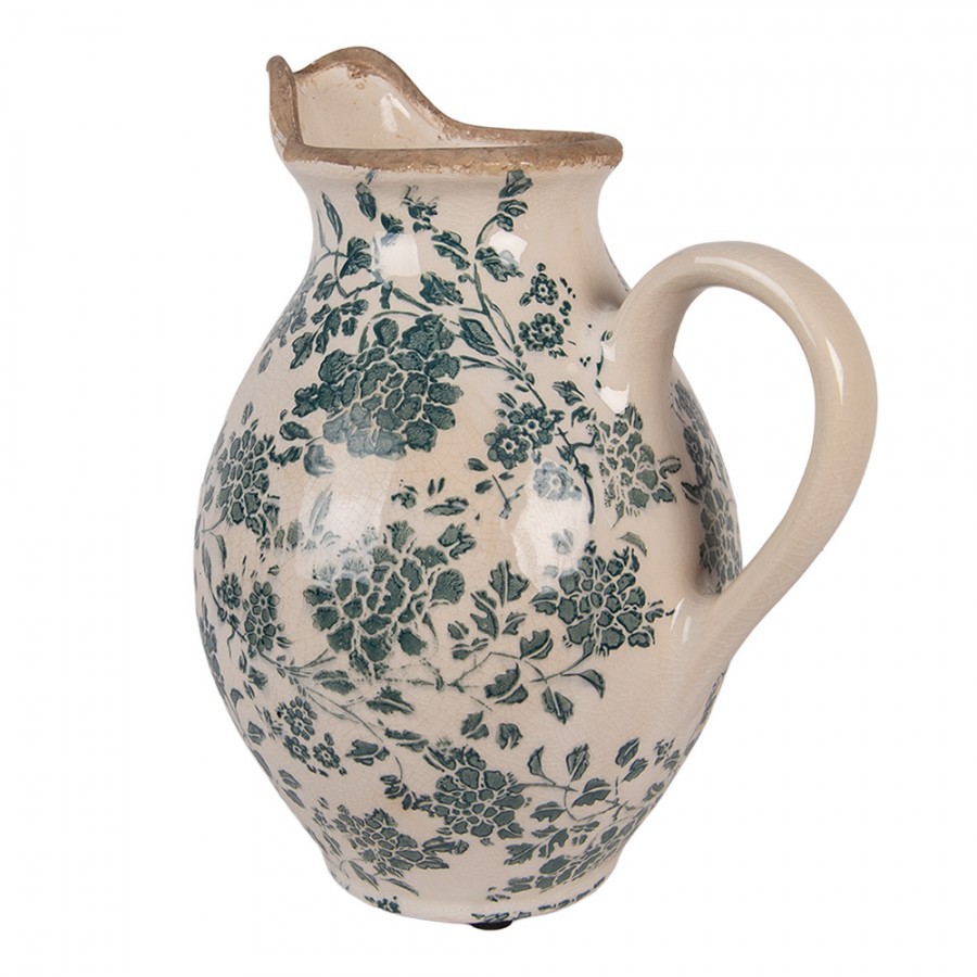 Béžový keramický džbán se zelenými květy Tien French M - 21*16*24 cm
