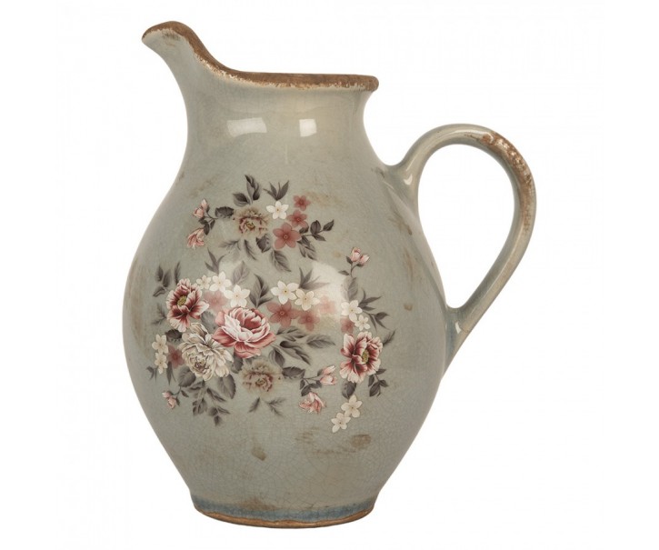 Šedý dekoračnmí keramický džbán s květy Floria M - 21*16*24 cm Clayre & Eef
