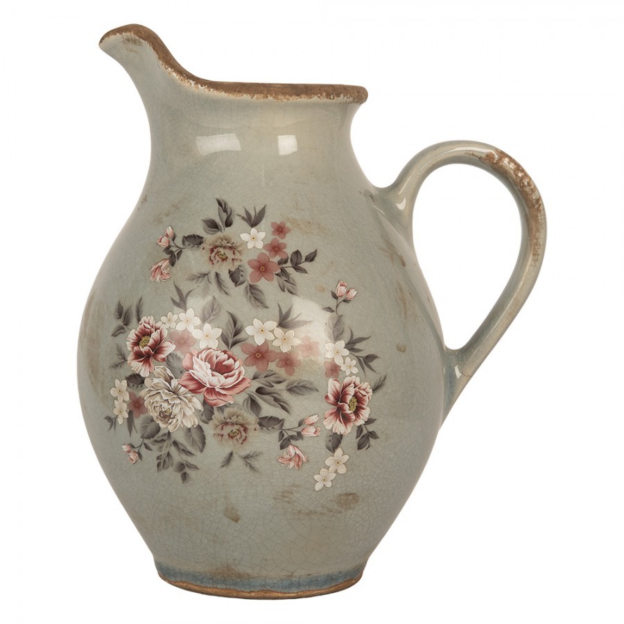 Zelený dekorační keramický džbán s květy Floria M - 21*16*24 cm