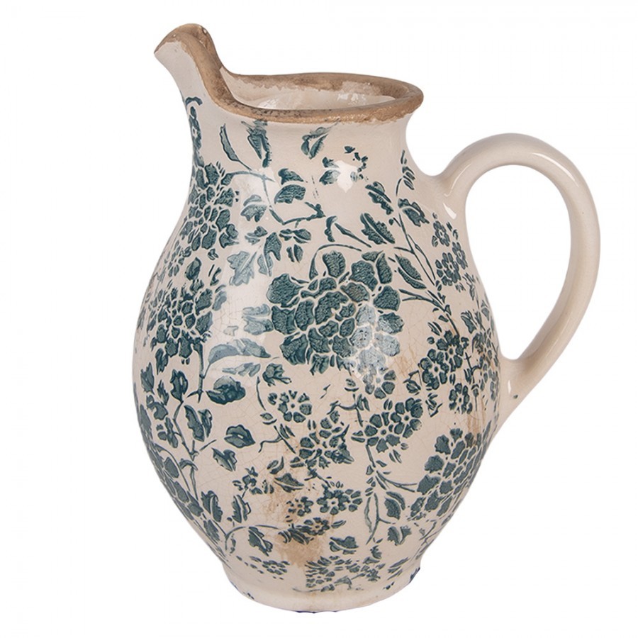Béžový keramický džbán se zelenými květy Tien French S - 16*12*19 cm