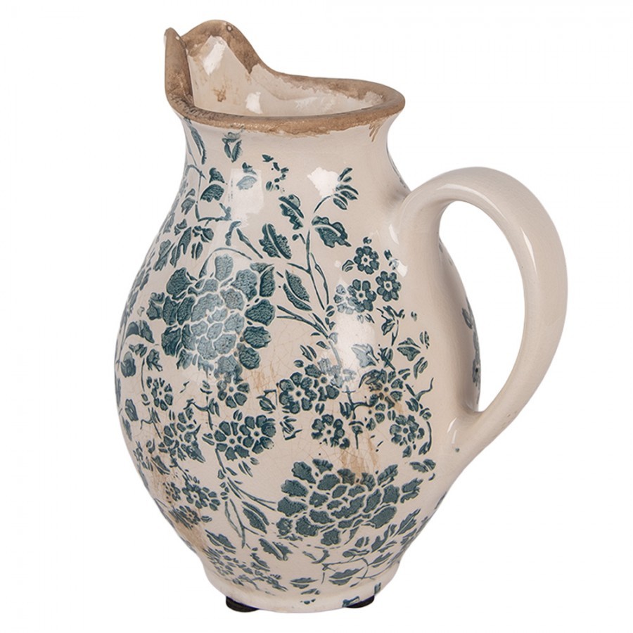 Béžový keramický džbán se zelenými květy Tien French S - 16*12*19 cm