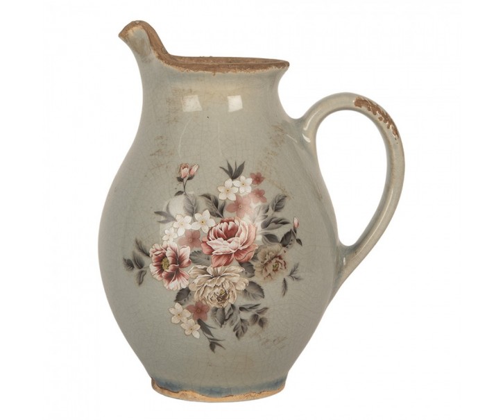 Šedý dekoračnmí keramický džbán s květy Floria S - 16*12*18 cm Clayre & Eef