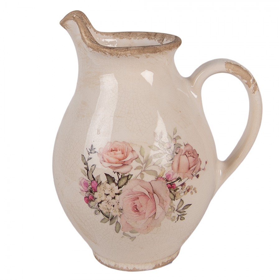 Béžový dekorační keramický džbán s růžemi Rosien S - 16*12*19 cm