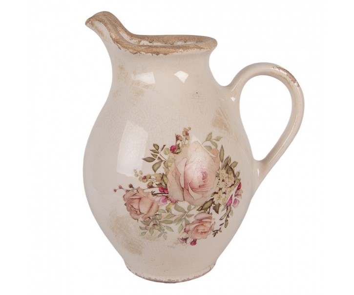 Béžový dekorační keramický džbán s růžemi Rosien - 21*16*24 cm Clayre & Eef