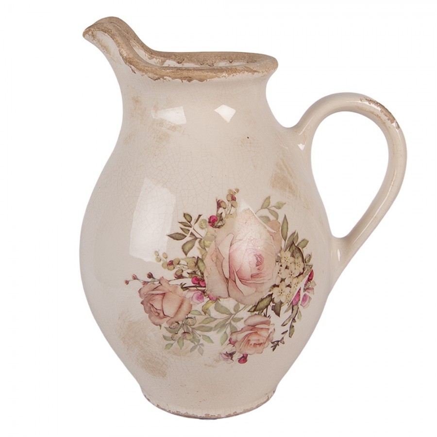 Béžový dekorační keramický džbán s růžemi Rosien M - 21*16*24 cm
