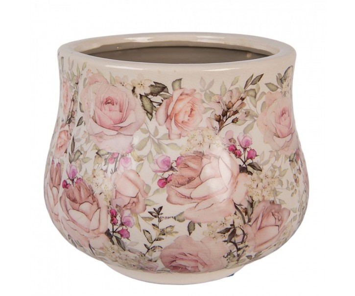Keramický obal na květináč s růžemi Rosien L - Ø 21*17 cm Clayre & Eef