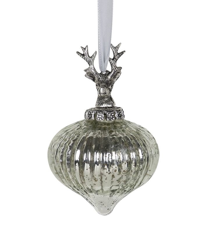 Stříbrná antik skleněná vánoční baňka s jelenem Deer - Ø 10*15 cm