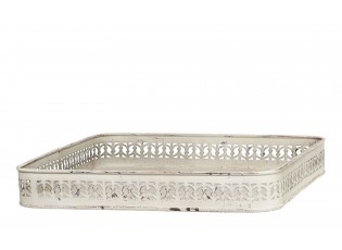 Krémový antik kovový dekorační podnos se zdobným okrajem - 33*33*5 cm