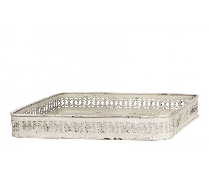 Krémový antik kovový dekorační podnos se zdobným okrajem - 33*33*5 cm Chic Antique