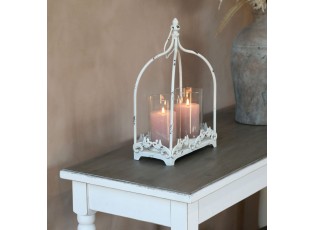 Krémová antik kovová lucerna na 2 svíčky Fleur - 25*12*38 cm
