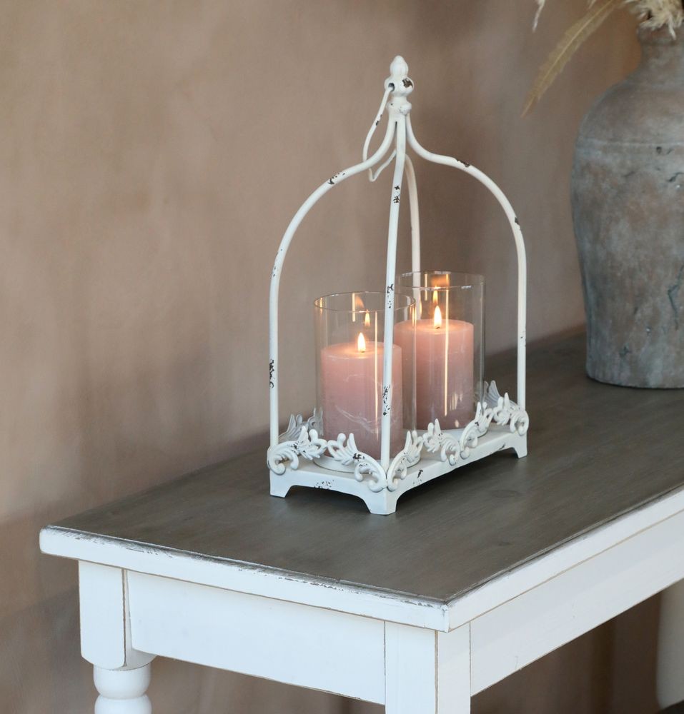 Krémová antik kovová lucerna na 2 svíčky Fleur - 25*12*38 cm