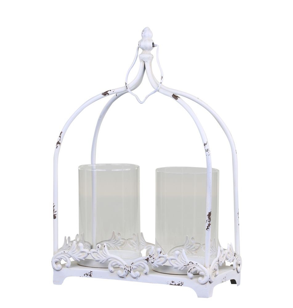 Krémová antik kovová lucerna na 2 svíčky Fleur - 25*12*38 cm