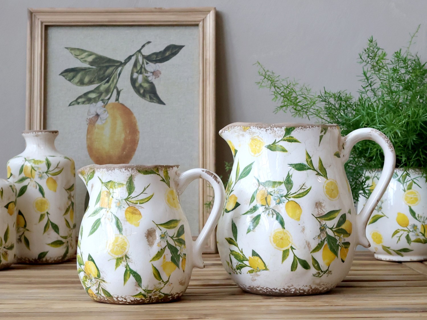 Béžový baňatý keramický džbán s citróny Limone - 13*16 cm