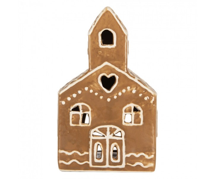 Hnědá vánoční keramická chaloupka na čajovou svíčku Gingerbread Cottage - 10*10*16 cm Clayre & Eef