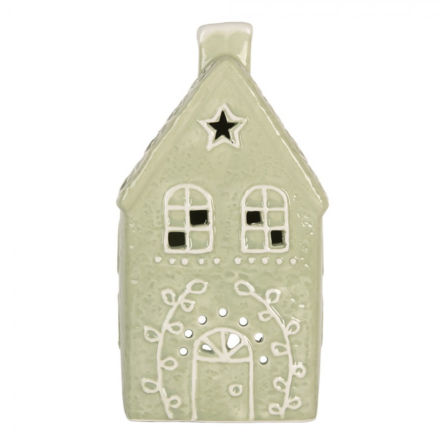 Zelená vánoční keramická chaloupka na čajovou svíčku Gingerbread Cottage - 11*9*21 cm