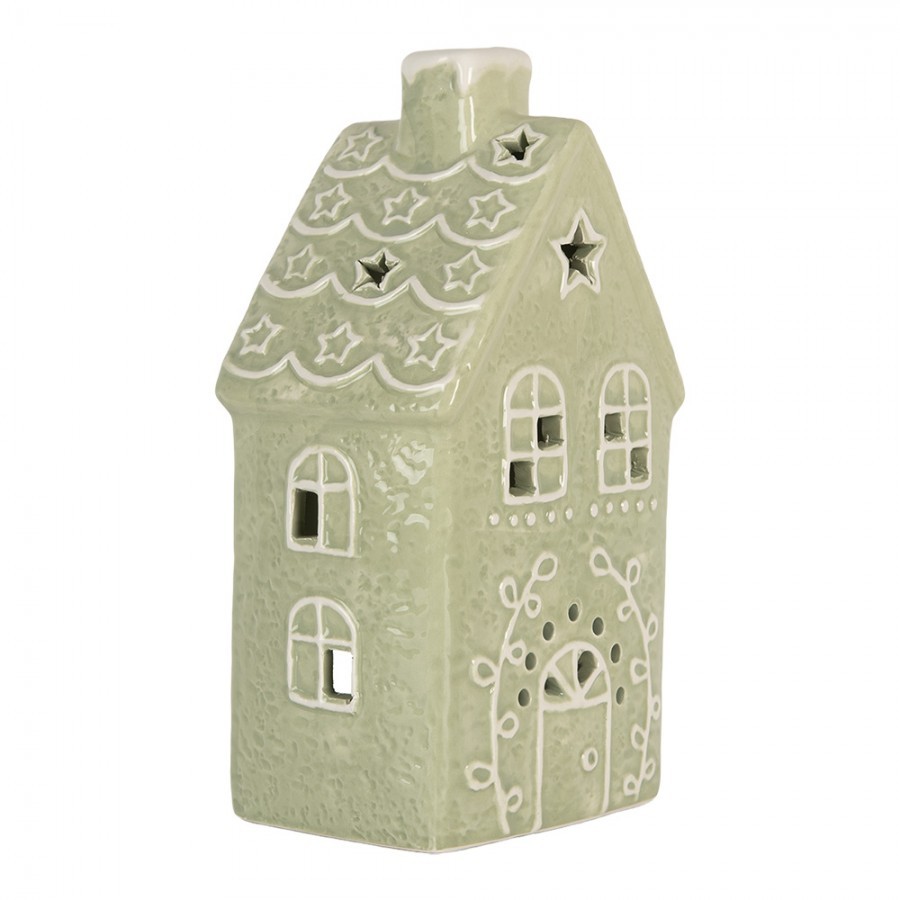 Zelená vánoční keramická chaloupka na čajovou svíčku Gingerbread Cottage - 11*9*21 cm
