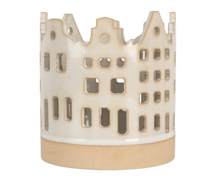 Béžový keramický svícen s domky - Ø 11*11 cm Clayre & Eef