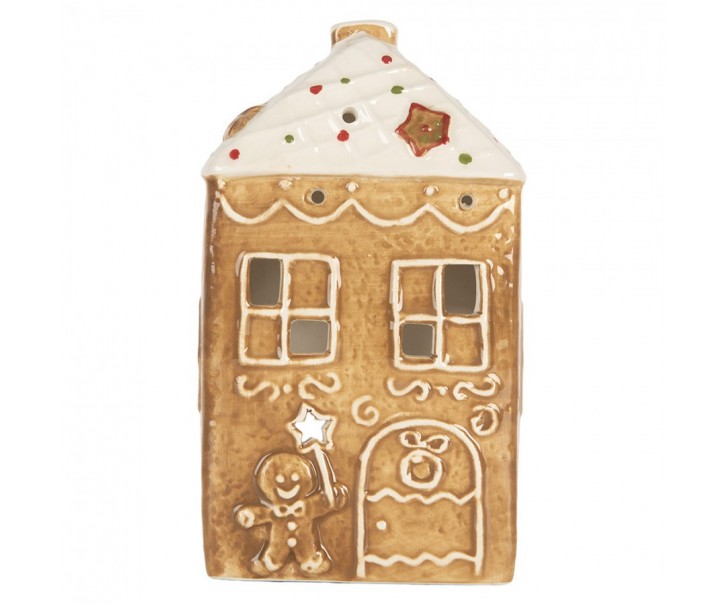 Hnědá vánoční keramická chaloupka na čajovou svíčku Gingerbread Cottage - 9*7*16 cm Clayre & Eef