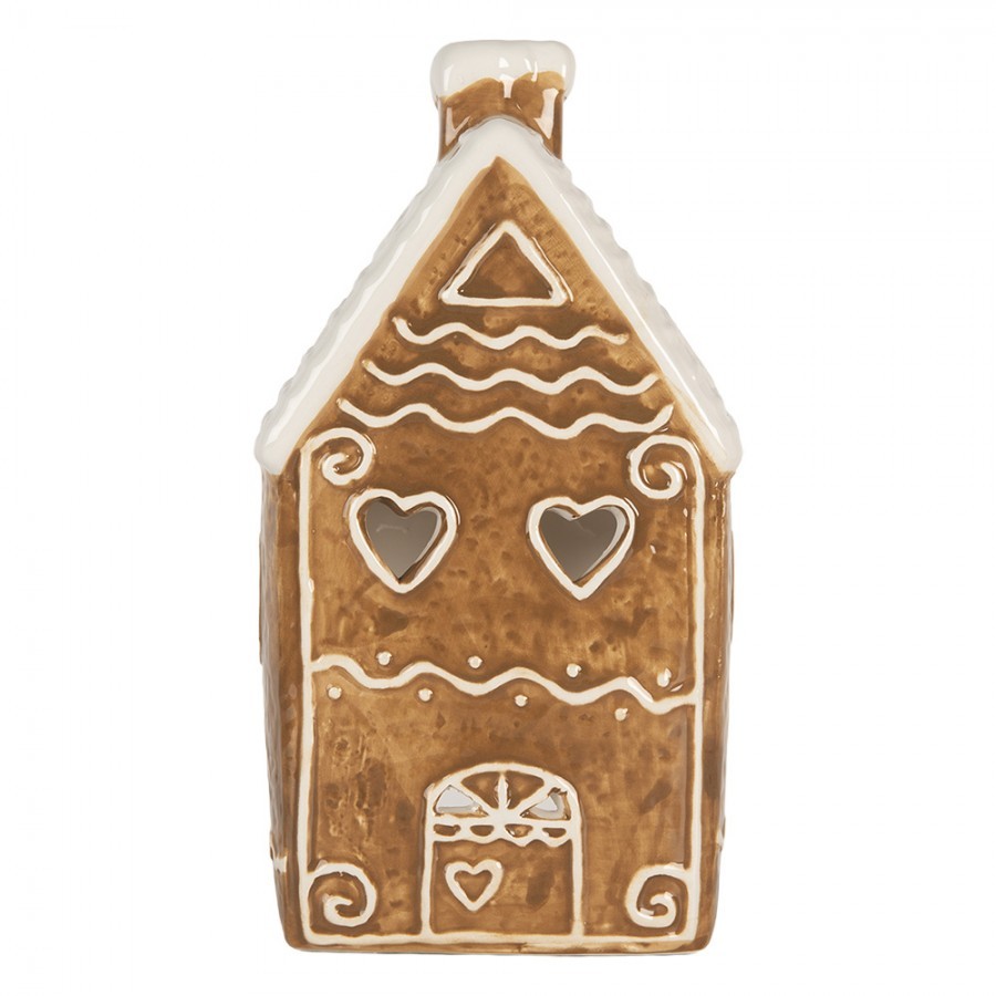 Hnědá vánoční keramická chaloupka na čajovou svíčku Gingerbread Cottage - 11*9*21 cm