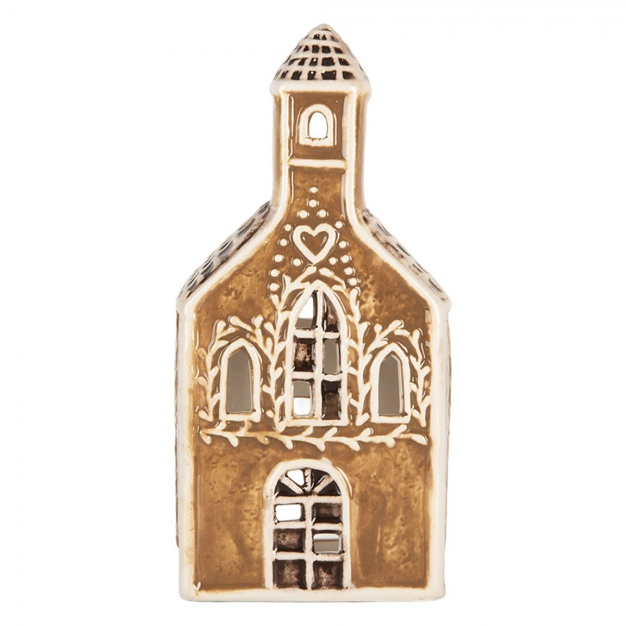 Hnědá vánoční keramická chaloupka na čajovou svíčku Gingerbread Cottage - 8*7*17 cm