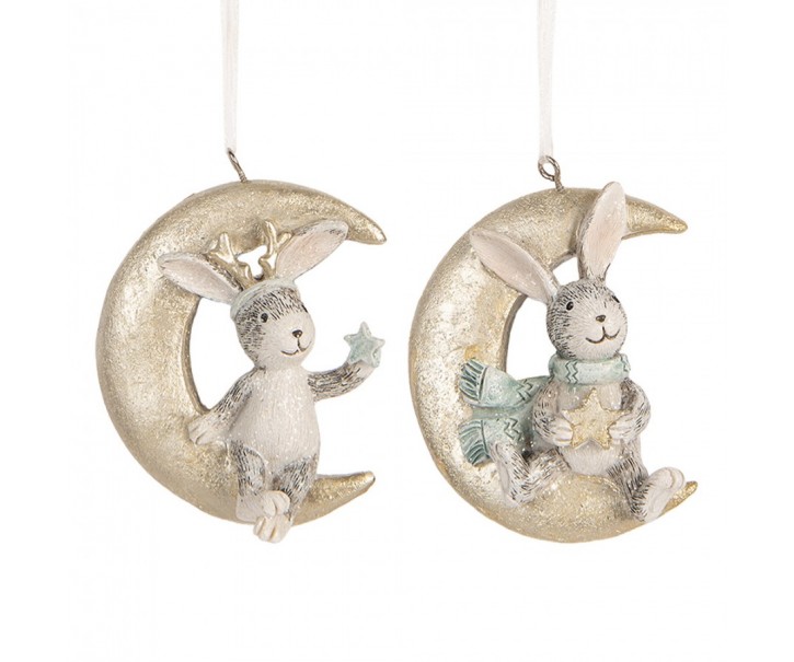 2ks závěsná vánoční dekorace králíček na měsíčku - 7*3*8 cm Clayre & Eef