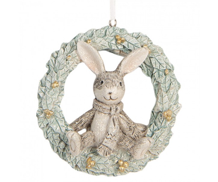 Závěsná dekorace králíček sedící na věnci - 8*3*8 cm Clayre & Eef