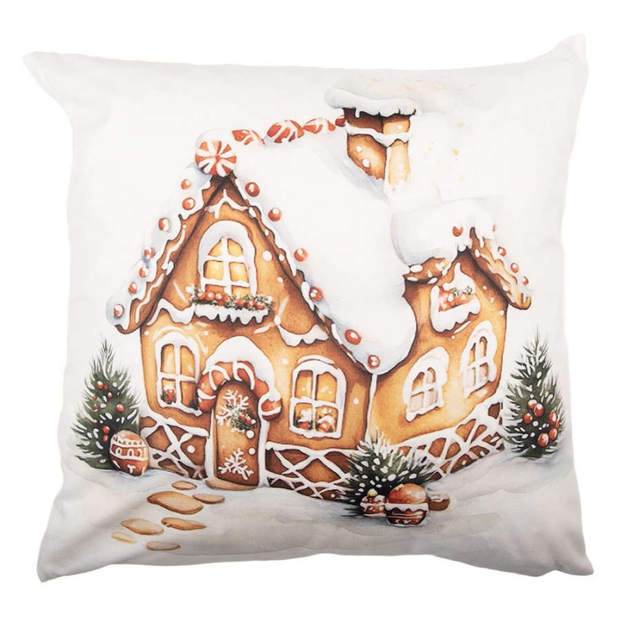 Bílý povlak na polštář s perníkovou chaloupkou - 45*45 cm