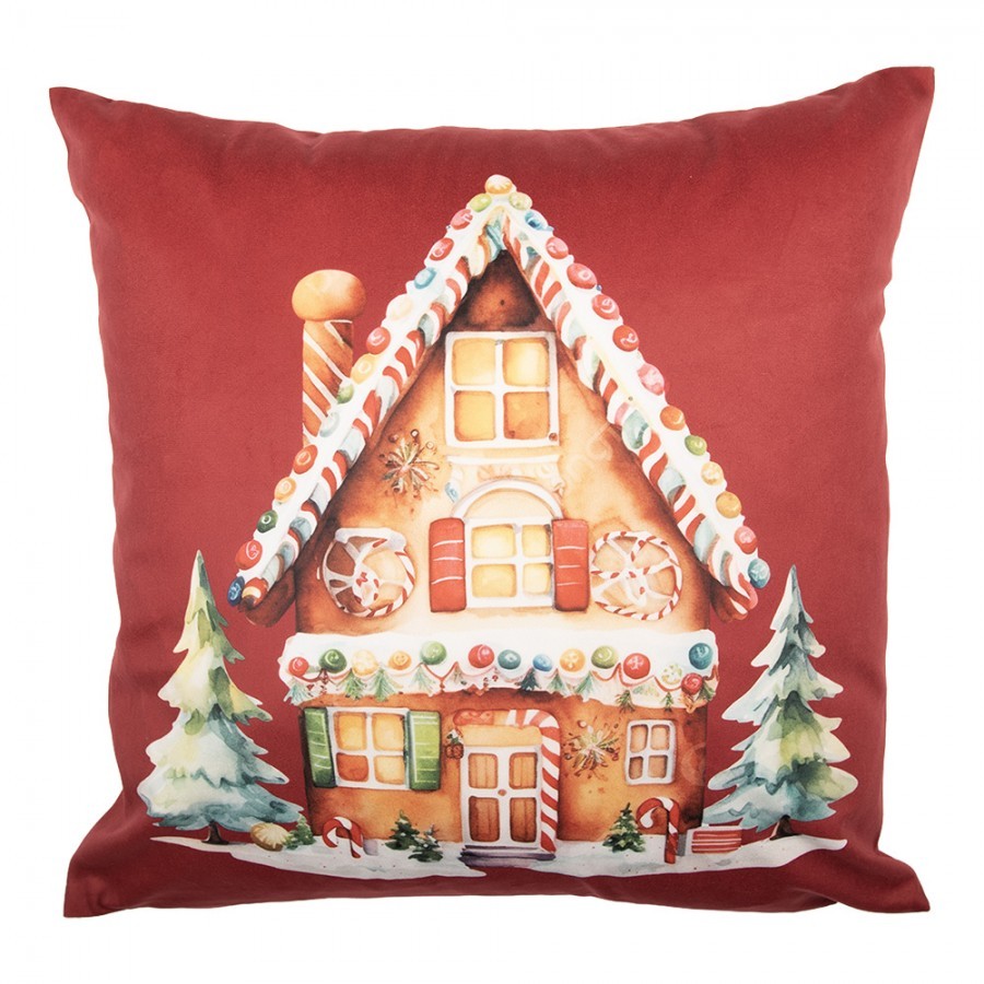 Červený povlak na polštář s perníkovou chaloupkou - 45*45 cm KT021.429