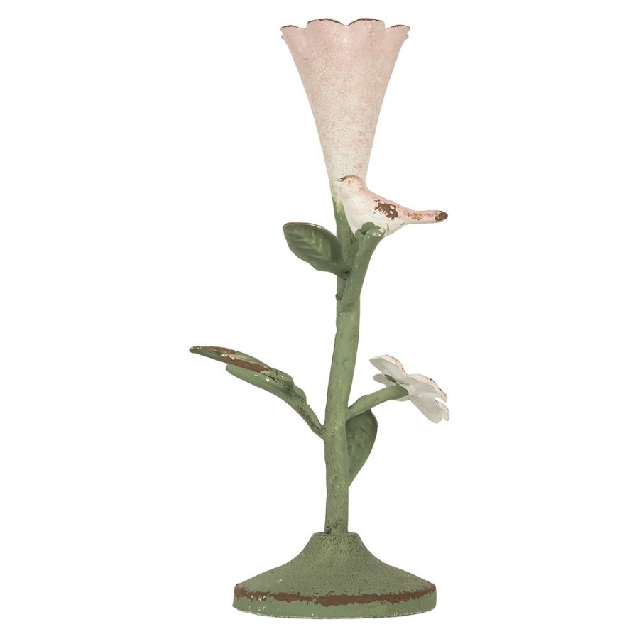 Levně Růžovo-zelený kovový svícen s ptáčkem Birdi - 12*12*26 cm 6Y5953