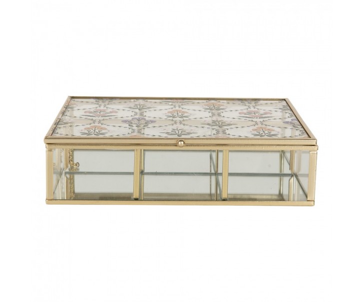 Mosazná antik kovová skleněná šperkovnice s květinami - 20*16*5 cm Clayre & Eef