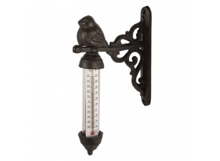 Hnědý litinový venkovní teploměr s ptáčkem - 3*11*16 cm