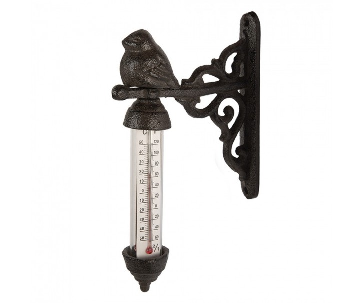 Hnědý litinový venkovní teploměr s ptáčkem - 3*11*16 cm Clayre & Eef