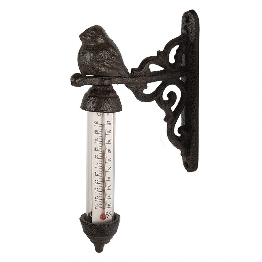 Hnědý litinový venkovní teploměr s ptáčkem - 3*11*16 cm