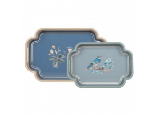 Set 2ks modrý dřevěný podnos s ptáčky - 46*30*5 / 35*24*5 cm
