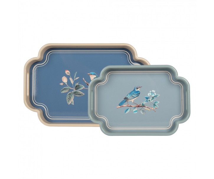 Set 2ks modrý dřevěný podnos s ptáčky - 46*30*5 / 35*24*5 cm Clayre & Eef