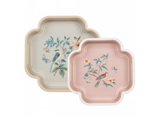 Set 2ks béžový dekorační podnos s ptáčky Birds - 30*30*5 / 24*24*5 cm
