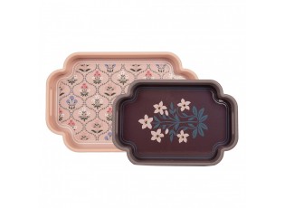 Set 2ks růžový a hnědý dřevěný podnos s květy - 46*30*5 / 35*24*5 cm