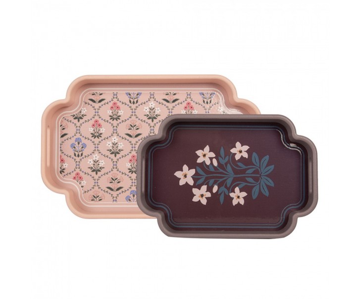 Set 2ks růžový a hnědý dřevěný podnos s květy - 46*30*5 / 35*24*5 cm Clayre & Eef