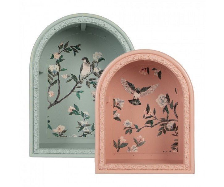 Set 2ks nástěnná modrá a růžová polička s ptáčky Birds - 30*16*40 / 24*14*30 cm Clayre & Eef