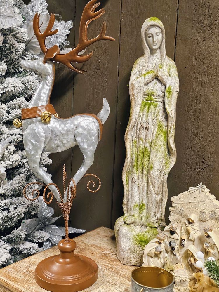 Šedo-hnědá kovová dekorace jelen na podstavci - 24*24*68 cm