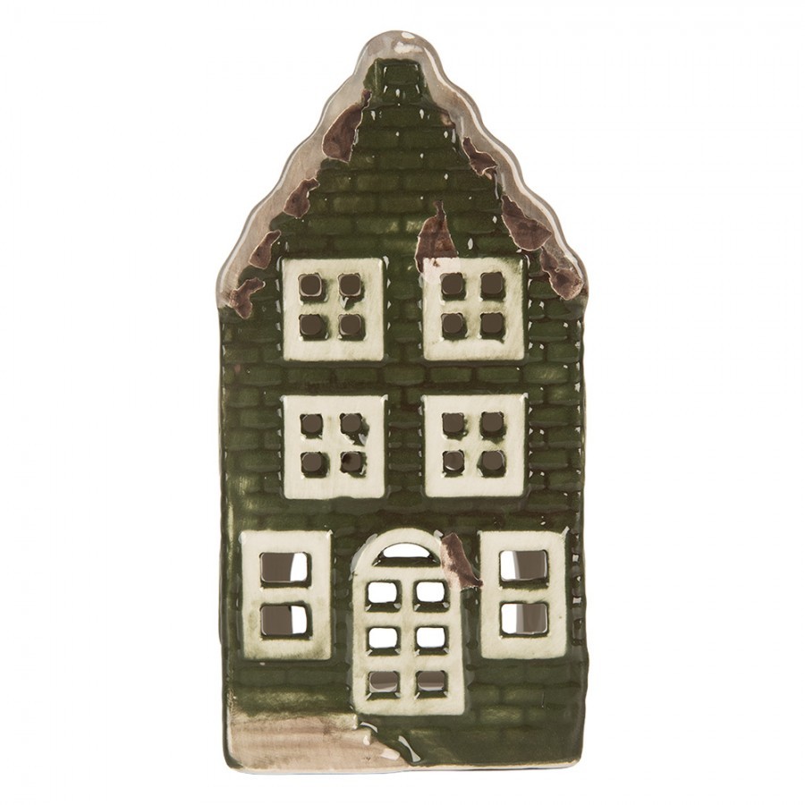 Tmavě zelený keramický domek na čajovou svíčku Lamont - 7*7*14 cm