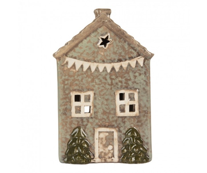Zelený keramický domek na čajovou svíčku Lamont - 10*8*15 cm Clayre & Eef
