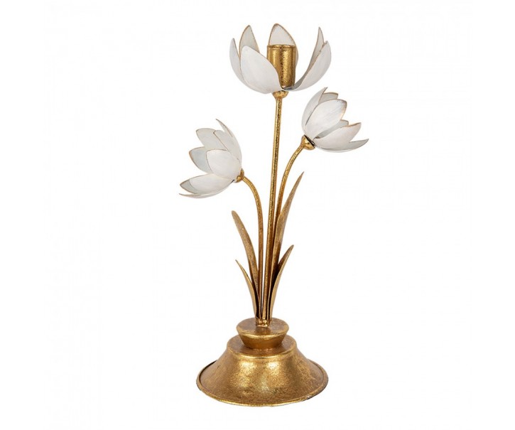 Bílo-zlatý antik kovový svícen na úzkou svíčku Flower - 16*11*30 cm Clayre & Eef