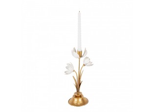 Bílo-zlatý antik kovový svícen na úzkou svíčku Flower - 16*11*30 cm