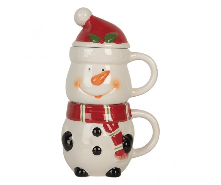 Keramický hrnek sněhulák s víčkem - 13*9*22 cm / 300 ml / 375 ml Clayre & Eef