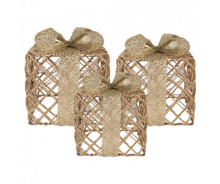 Christmas Decoration With LED Lighting Gift 25 / 20 / 15 Cm Gold Colored Metal - (3) 25*25*30 / 20*20*24 / 15*15*17 cm / 6*AA Clayre & Eef