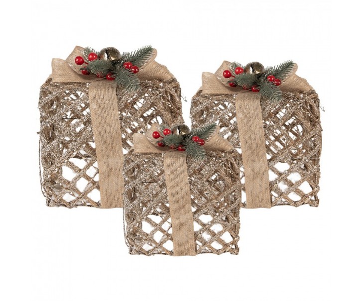 Set 3ks champagne svítící LED dárek - 25*25*30 / 20*20*24 / 15*15*17 cm / 6*AA Clayre & Eef