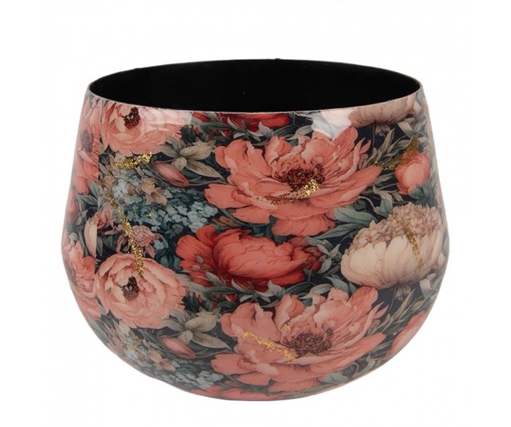 Růžová kovová dekorační váza s květy Margo - Ø 13*10 cm Clayre & Eef