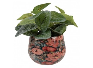 Růžová kovová dekorační váza s květy Margo - Ø 13*10 cm